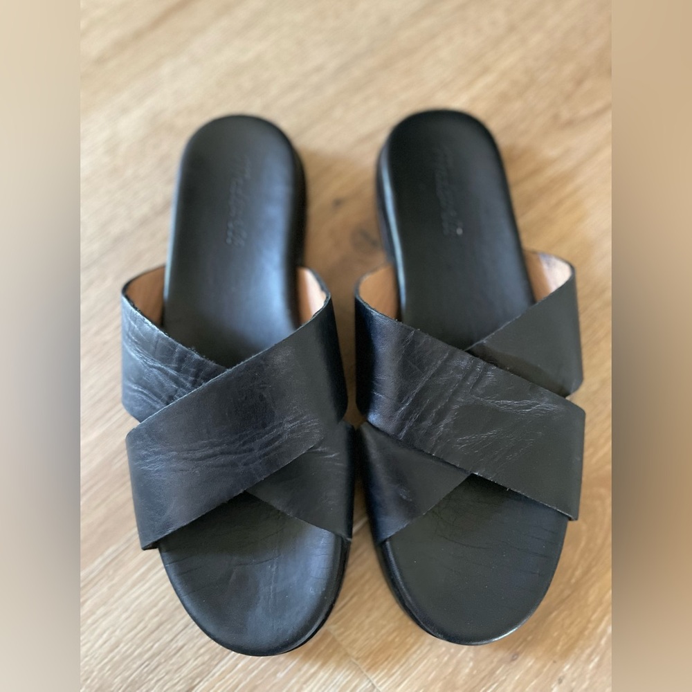 MADEWELL The Louisa Crisscross Slide Sandals Size 9 Black Leather Minimalist - Picture 2 of 7